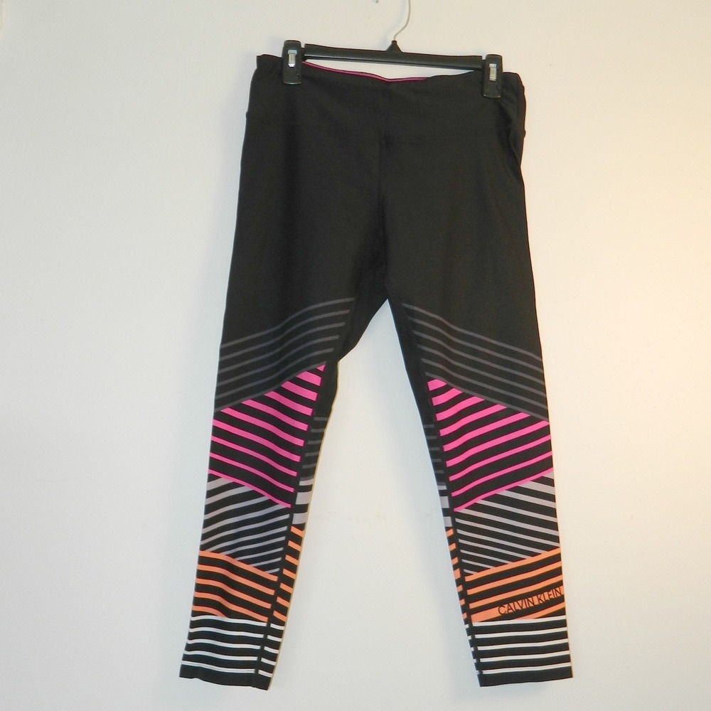 Calvin Klein Performance Leggings Womens L Black Multi Color Stripe Wicking